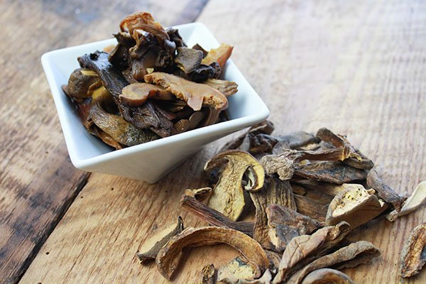 mushrooms Assorted dried mushrooms in a small white square bowl with dried mushrooms on the side on top of a wooden board.