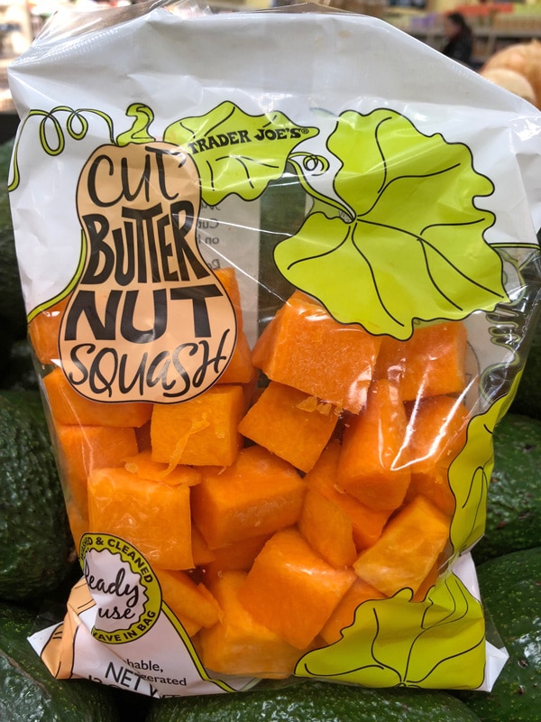 A package of Trader Joe's cubed, cut, butternut squash.