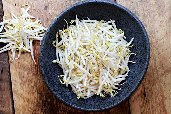 mung bean sprouts Fresh bean sprouts in a black bowl on top of a wooden board