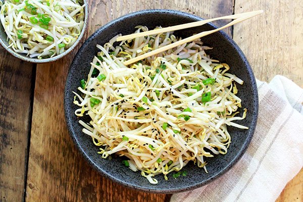 Japanese bean sprouts salad in a bowl with chopsticks