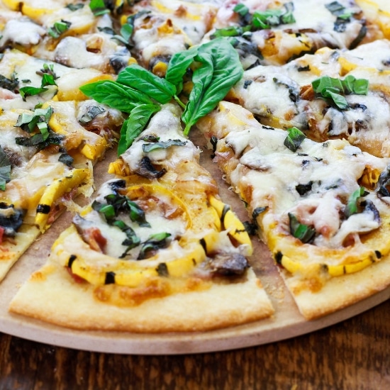 thin crust roasted delicata squash pizza