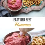 red beet hummus in a bowl with a side of pretzels for dipping