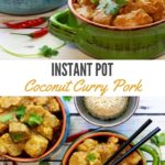 coconut curry pork in two bowls on a white wooden board with a side of brown rice and chopsticks