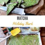 vibrant green matcha holiday bark topped with black sesame seeds on top of parchment paper with a chef's knife on the side