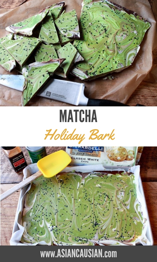 vibrant green matcha holiday bark topped with black sesame seeds on top of parchment paper with a chef's knife on the side