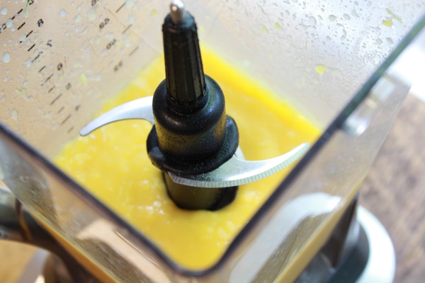 pureed mango sorbet in a blender
