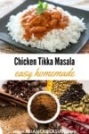 chicken tikka masala on a bed of basmati rice on a black plate with spices below