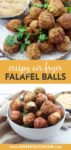 crispy falafel balls in a white bowl with a dipping sauce on the side