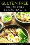Pulled pork ramen bowls topped with a runny egg on a wooden board