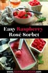 raspberry sorbet in a white bowl and in a metal loaf pan on a wooden board with fresh raspberries on the side