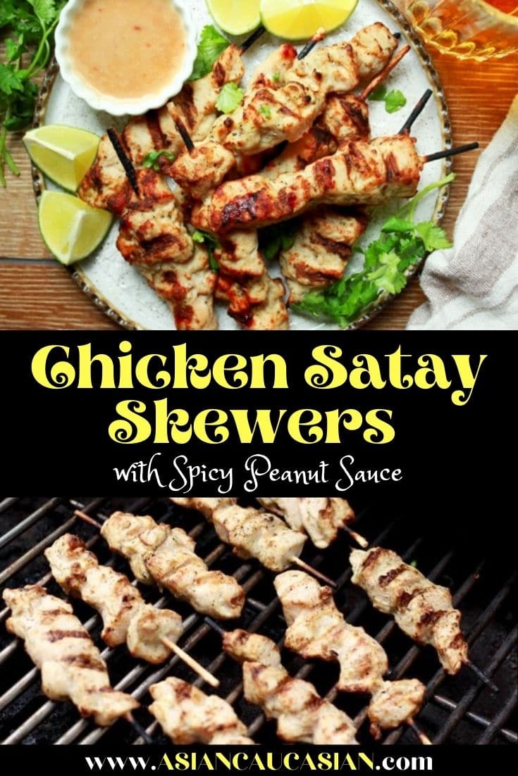 Tender satay chicken pieces cooked on wooden skewers on a white plate with a side of peanut sauce and fresh lime wedges