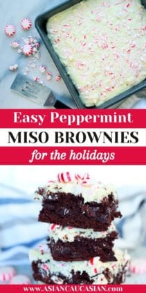 Peppermint brownies in a cake pan and a stack of peppermint brownies