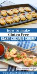Coconut shrimp on a baking tray ready for the oven and baked coconut shrimp on a long platter with chopsticks and a side of chili sauce on the side.