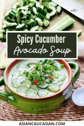 A bowl filled with spicy cucumber avocado soup topped with sliced cucumbers and herbs with a sliced avocado and a white spoon on the side.
