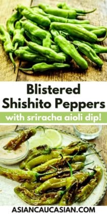 Blistered shishito peppers on a white plate with lime wedges, aioli dipping sauce, and sesame seeds on the side.