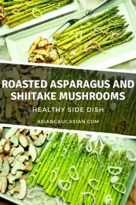 Roasted asparagus and shiitake mushrooms on two white trays with a serving fork on the side.