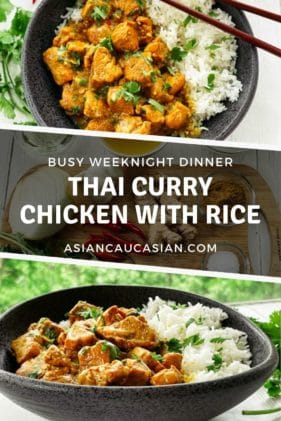 A black bowl of Thai curry chicken with white rice and chopsticks with fresh cilantro and red chili peppers on the side, on top of a white board.