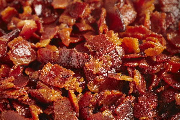 closeup of bits of chopped cooked bacon