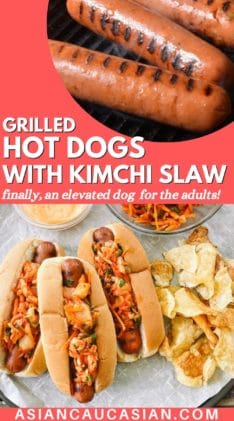 Three hot dogs in buns topped with kimchi slaw with potato chips, extra slaw and aioli on the side.