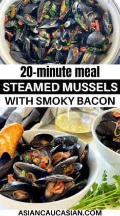 Two white bowls filled with steamed mussels and crusty bread on a white board, with a glass of white wine and green herbs on the side.