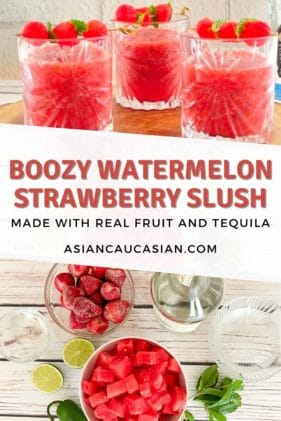 Three crystal glasses filled with watermelon strawberry slushies on top of a rustic wooden tray with ingredients to make this cocktail below.