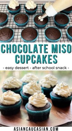 Chocolate miso cupcakes with white frosting topped with silver sprinkles, on a wooden board.