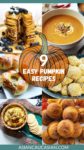 A roundup image of 6 sweet and savory pumpkin recipes for fall including cookies, soup, and pancakes.