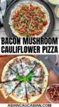 A sliced and unsliced cauliflower pizza pie topped with crispy bacon, shiitake mushrooms, basil, and melty cheese, with a pizza cutter on top of a wooden board.
