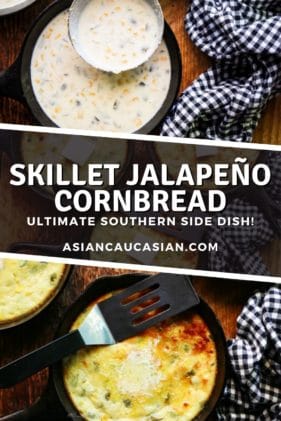 Three mini skillets of baked jalapeño corn bread with a pat of butter placed on top and a spatula and black and white checkered napkin on the side, on top of a wooden board.