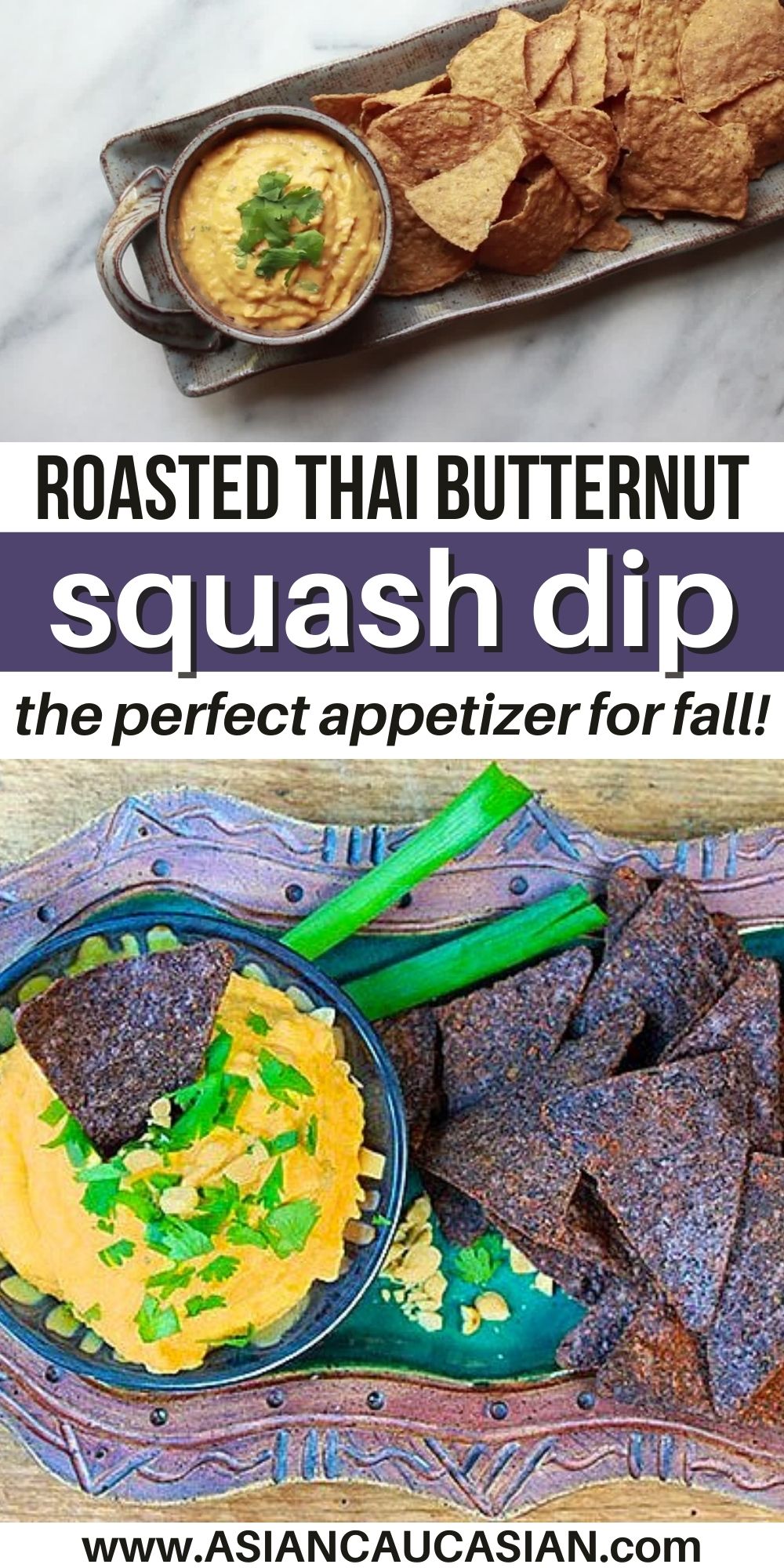 roasted thai butternut squash dip in a gray bowl on top of a gray serving platter with tortilla chips on the side on top of a marble surface