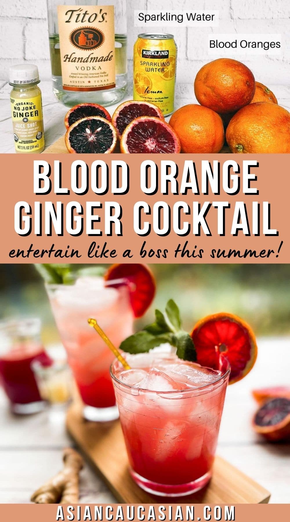 Two blood orange ginger cocktails in glasses with wedges of blood orange and mint sprigs on top of a wooden board with a garlic bulb on the side