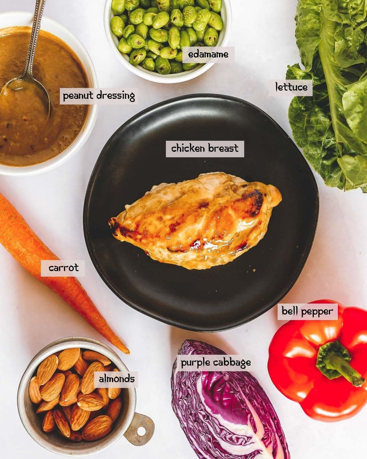 Labeled ingredients for making Spicy Thai Salad with Chicken placed on top of a white surface