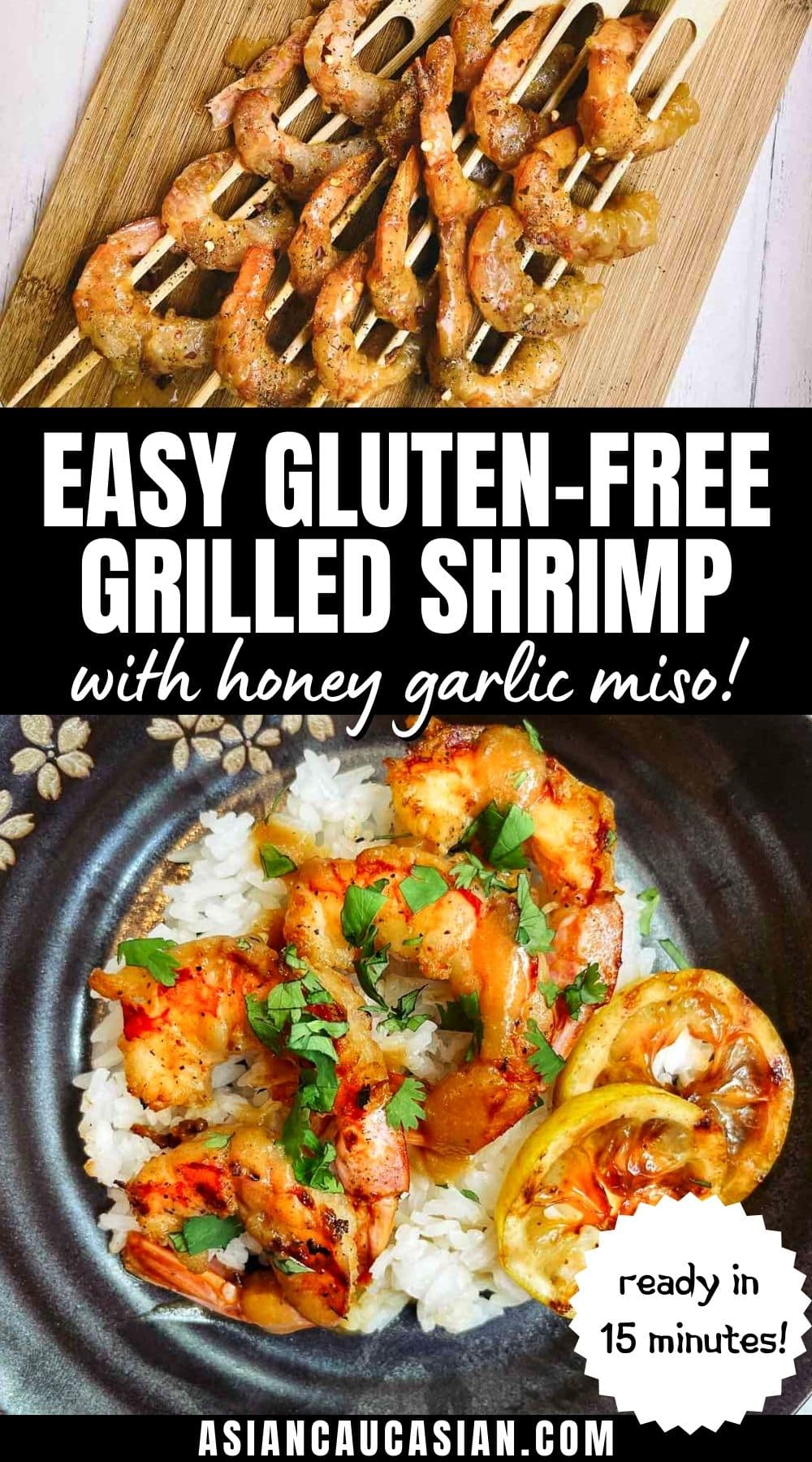 A black plate of grilled shrimp on top of white rice with charred lemon slices on top, and skewered shrimp on a wooden cutting board.