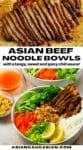 Asian Beef Noodle Bowls in two large white bowls with chopped peanuts and a sauce on the side on top of a wooden board.