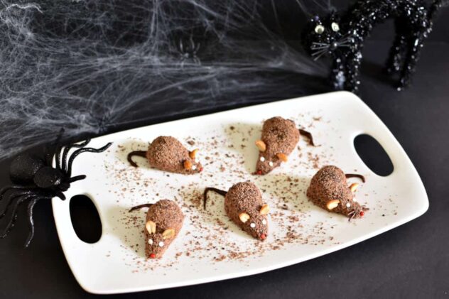 decorated strawberry and chocolate fudge mice for Halloween on a white plate dusted with cocoa powder