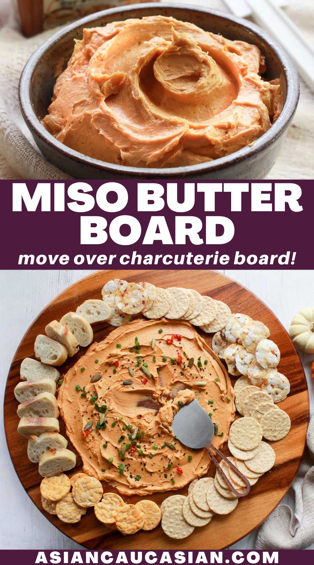 a bowl of miso butter and a miso butter board on a round wooden board surrounded by crackers and bread