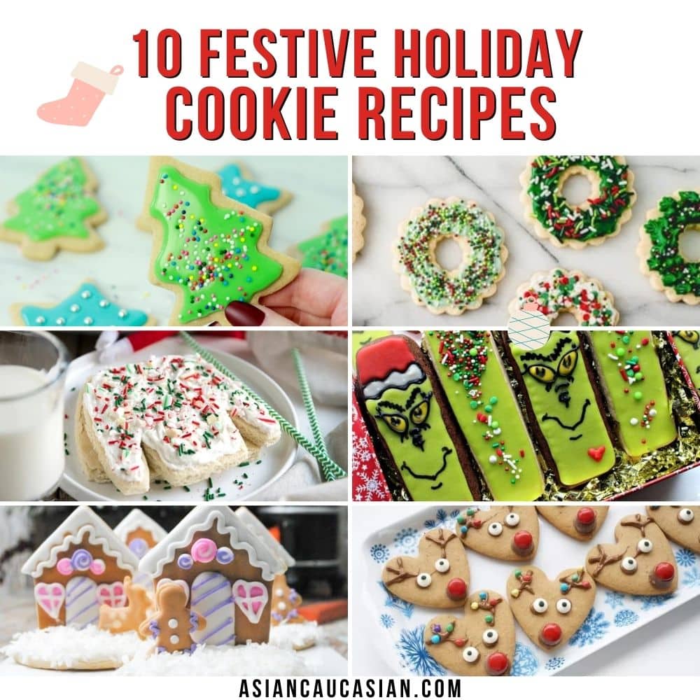 A roundup of 10 festive holiday cookie recipes in a grid.