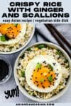 Crispy rice with ginger and scallions topped with a runny fried egg in two small bowls with a pair of brown chopsticks, a linen napkin, and black sesame seeds in a bowl on the side.