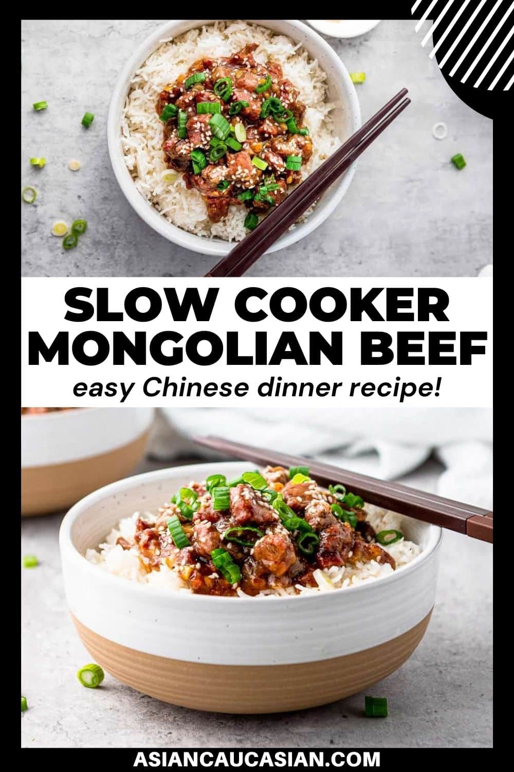 Slow Cooker Mongolian Beef in two bowls with chopsticks on top.