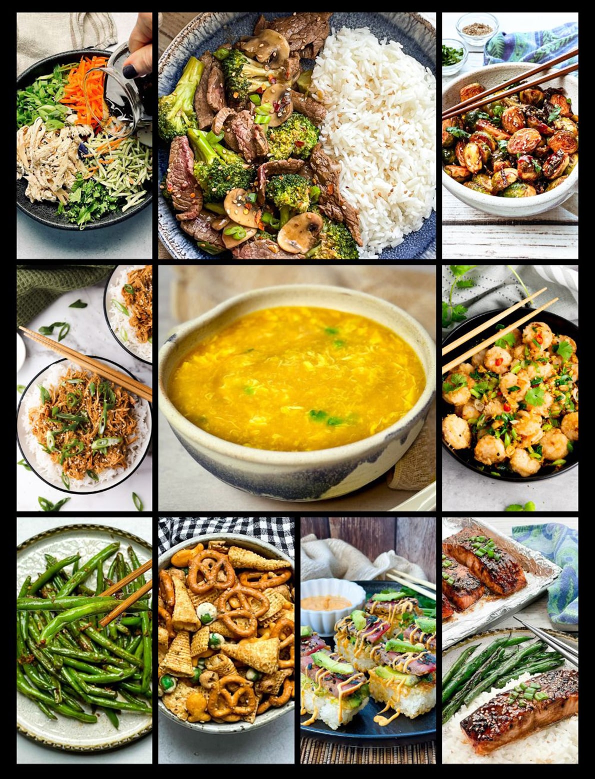 A collage of images of 10 Best Asian recipes of 2023, from side dishes to soups to main courses.