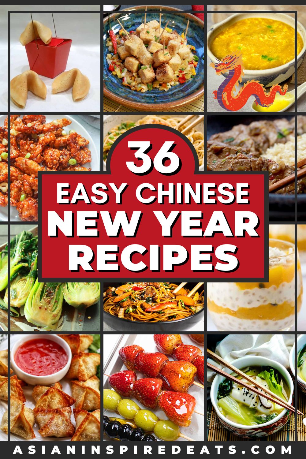 A photo collage grid of popular Chinese New Year dishes, from soups to appetizers to main dishes to desserts.