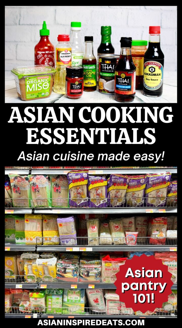 A pinterest pin of Asian cooking essentials, a collage of the most-used Asian cooking products.